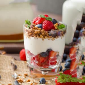 smoothie on top and yogurt parfait on bottom